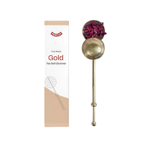 Gold tea ball strainer with fine mesh, perfect for brewing herbal tea and adding elegance to drinkware in Dubai.