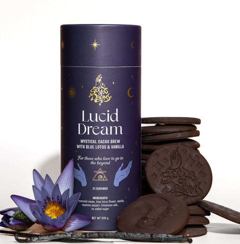 Lucid Dream Mystical Cacao Brew packaging with Blue Lotus & Vanilla, featuring a dark celestial design with gold accents.