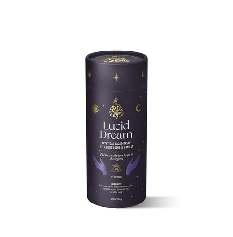 Lucid Dream Mystical Cacao Brew packaging with Blue Lotus & Vanilla, featuring a dark celestial design with gold accents.