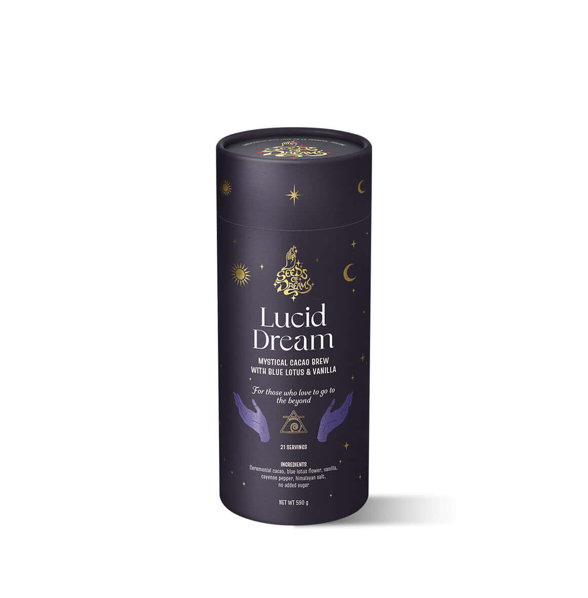 Lucid Dream Mystical Cacao Brew packaging with Blue Lotus & Vanilla, featuring a dark celestial design with gold accents.