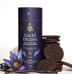 Lucid Dream Mystical Cacao Brew packaging with Blue Lotus & Vanilla, featuring a dark celestial design with gold accents.