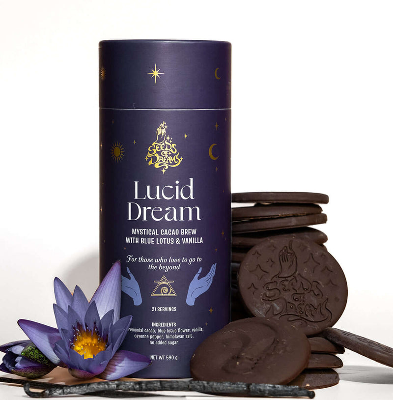 Lucid Dream Mystical Cacao Brew packaging with Blue Lotus & Vanilla, featuring a dark celestial design with gold accents.