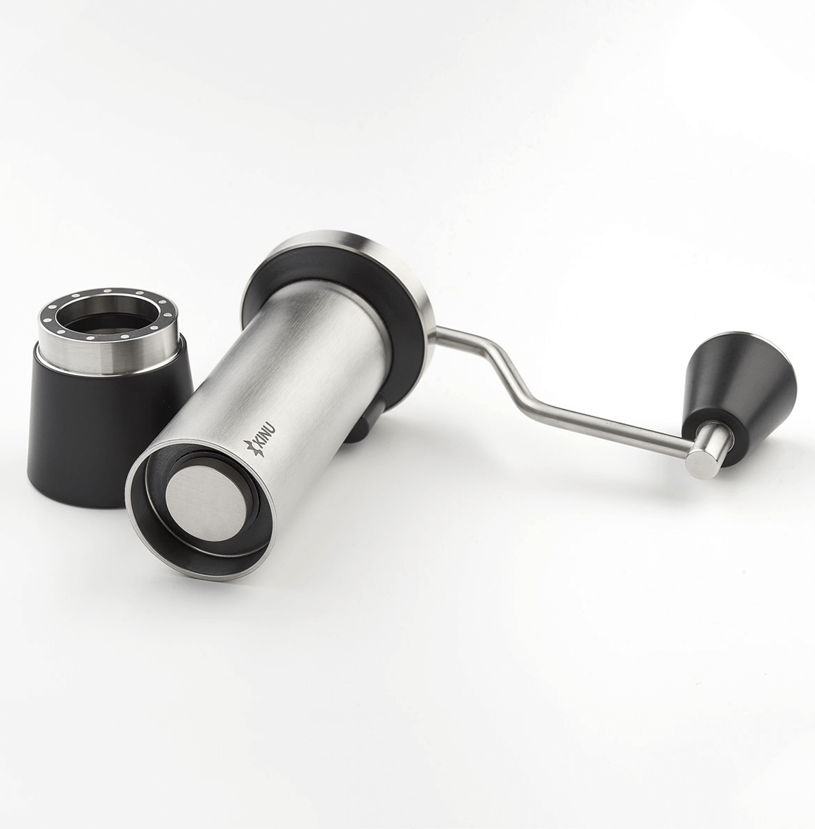Professional coffee grinder with 47mm Black-Fusion conical burrs, smooth ball-bearing mechanism, stainless steel catch-cup, magnetic funnel, and EVA travel case for on-the-go brewing.
