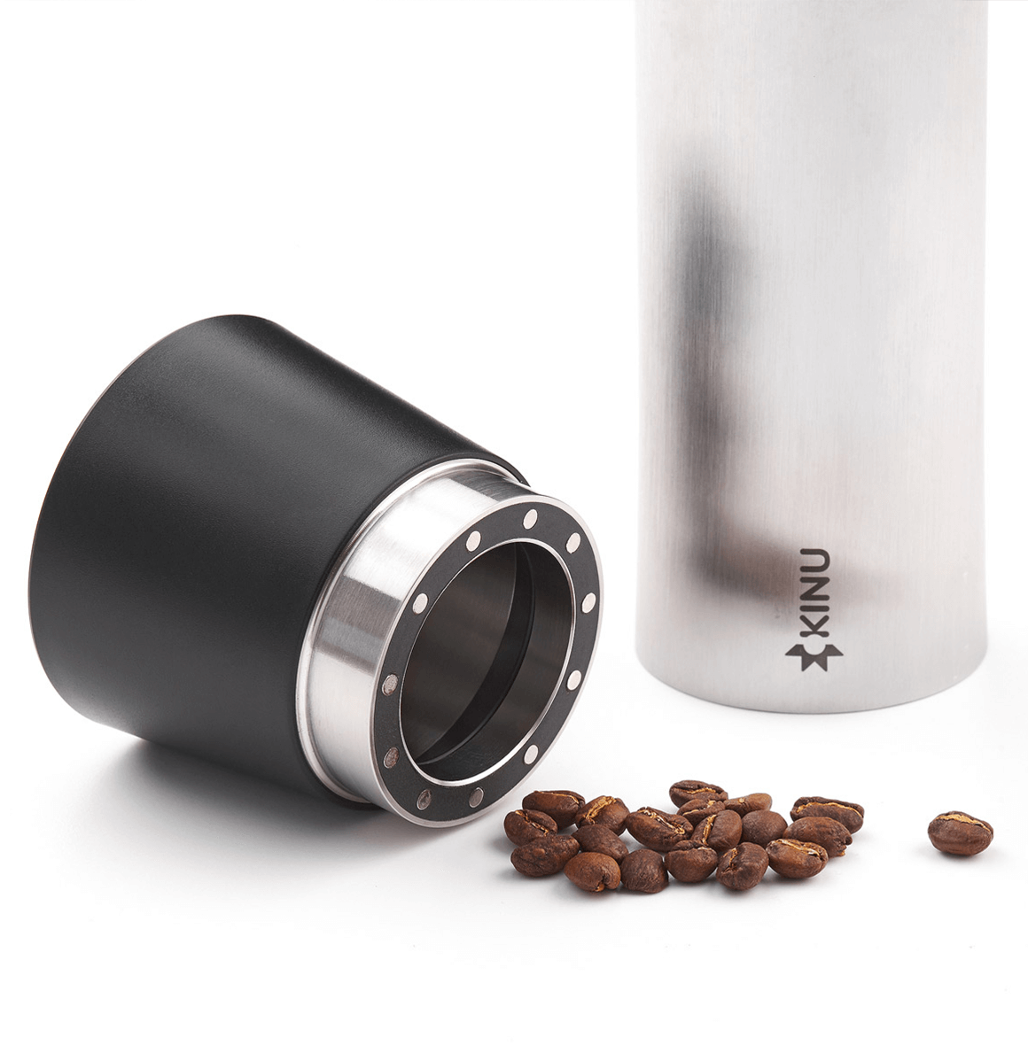 Professional coffee grinder with 47mm Black-Fusion conical burrs, smooth ball-bearing mechanism, stainless steel catch-cup, magnetic funnel, and EVA travel case for on-the-go brewing.