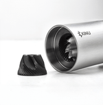 Professional coffee grinder with 47mm Black-Fusion conical burrs, smooth ball-bearing mechanism, stainless steel catch-cup, magnetic funnel, and EVA travel case for on-the-go brewing.