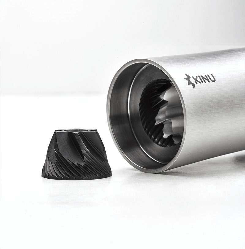 Professional coffee grinder with 47mm Black-Fusion conical burrs, smooth ball-bearing mechanism, stainless steel catch-cup, magnetic funnel, and EVA travel case for on-the-go brewing.