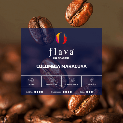 Colombia Maracuya Single Origin Coffee packaging with coffee beans and flavor notes of lychee, passionfruit, pomegranate.