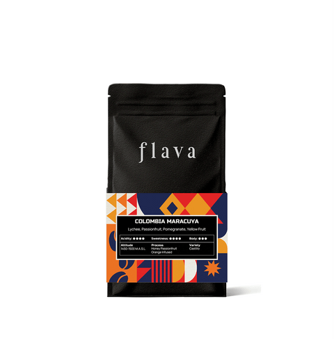 Colombia Maracuya Single Origin Coffee by Flava in a stylish package, infused with passion fruit, ideal for filter and drip brewing.