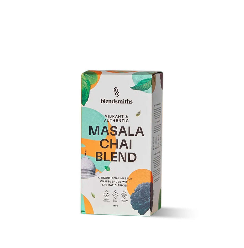 Blendsmiths Masala Chai Blend packaging, showcasing a vibrant and authentic traditional masala chai blend with aromatic spices. The 250g box design features warm orange and teal tones, complemented by botanical elements and a subtle Indian-inspired illust