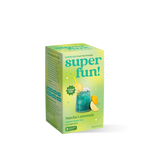 Matcha Lemonade instant green tea powder box with spirulina, sugar-free and packed with antioxidants.