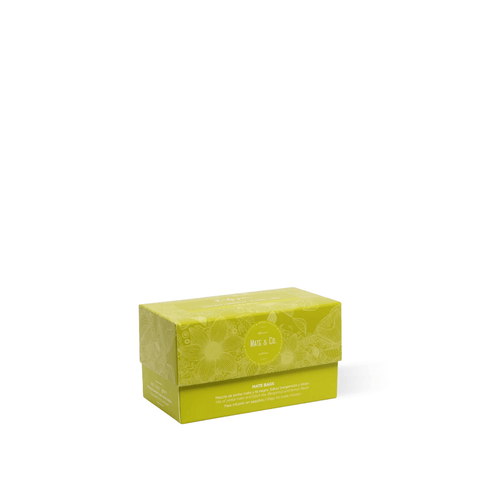 Mate Earl Grey Tea Bags box packaging with bright green design and decorative floral elements.