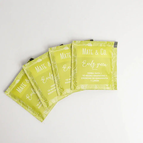 Mate Earl Grey Tea Bags packaging featuring bright citrus design and elegant branding.