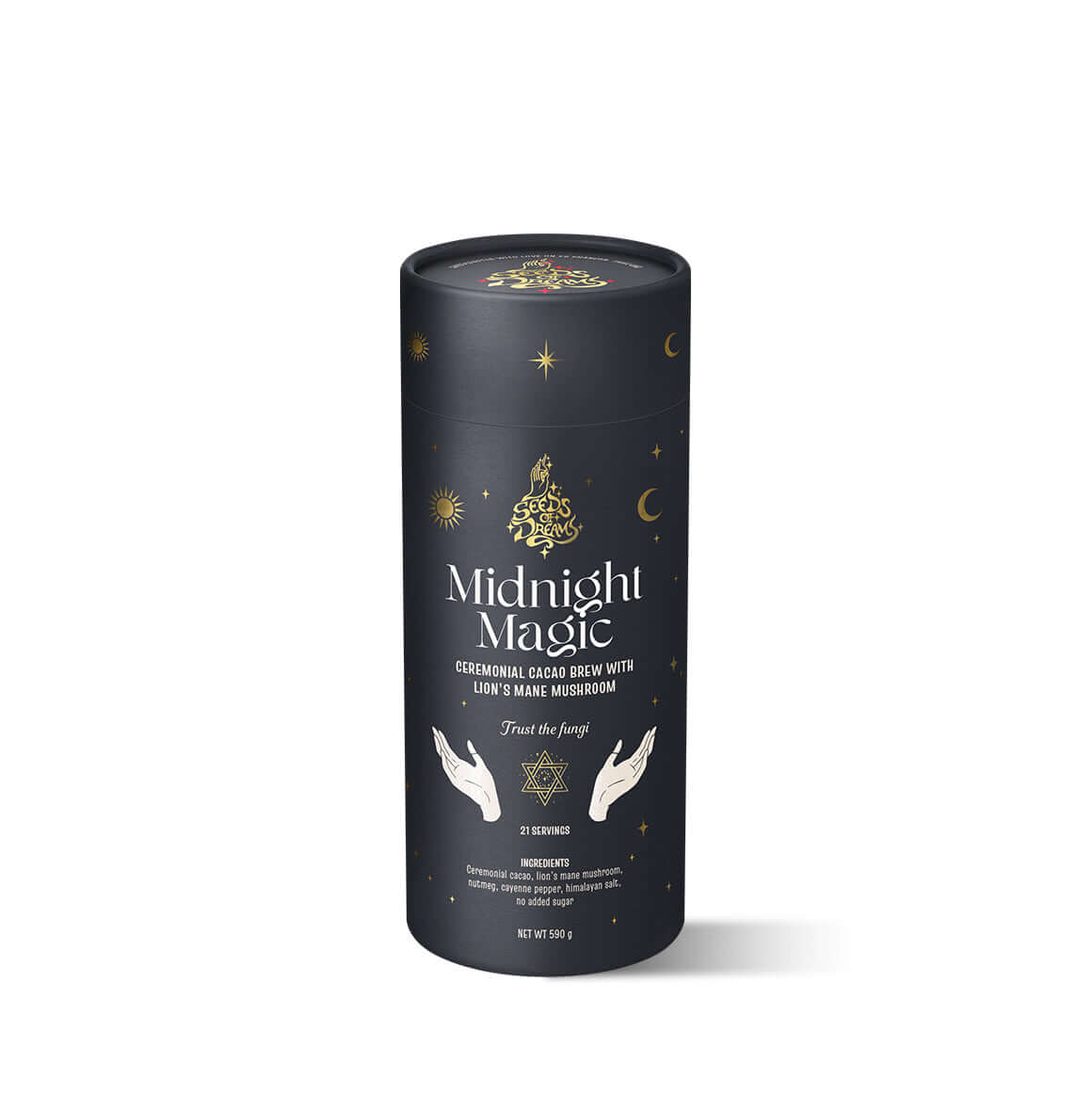 Midnight Magic ceremonial cacao brew packaging with Lion’s Mane Mushroom, featuring a celestial black design with gold accents.
