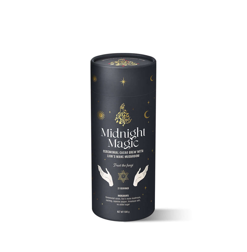Midnight Magic ceremonial cacao brew packaging with Lion’s Mane Mushroom, featuring a celestial black design with gold accents.