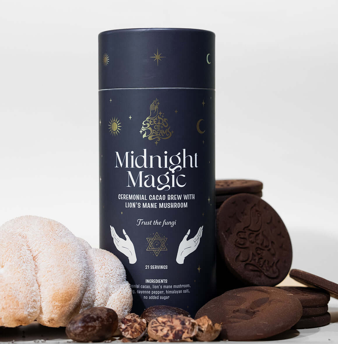 Midnight Magic ceremonial cacao brew packaging with Lion’s Mane Mushroom, featuring a celestial black design with gold accents.