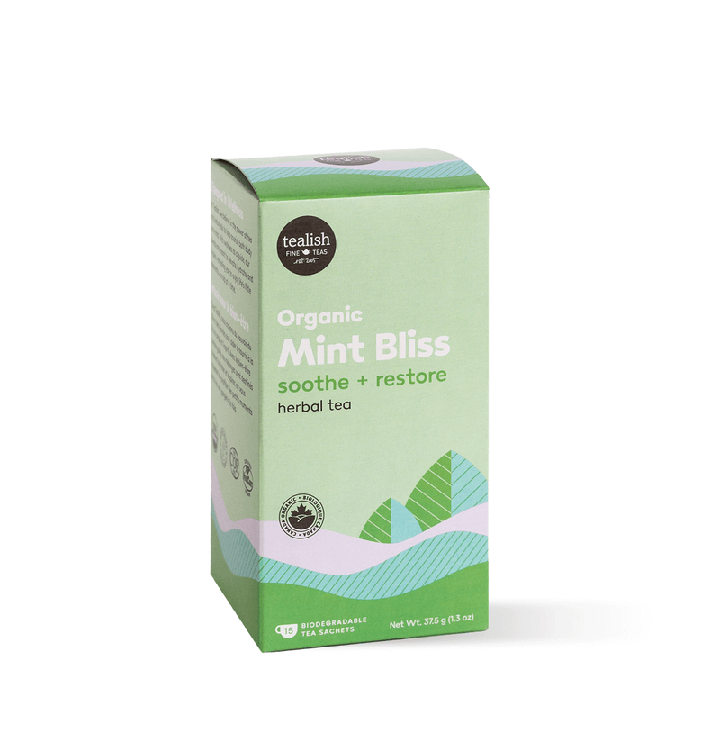 Organic Mint Bliss TEALISH A refreshing blend of peppermint and spearmint, spices, and healing herbs like tulsi. Slip into a state of bliss with each sip of this refreshing herbal blend. A harmonious mix of bright mints, warming spices, and relaxing herbs