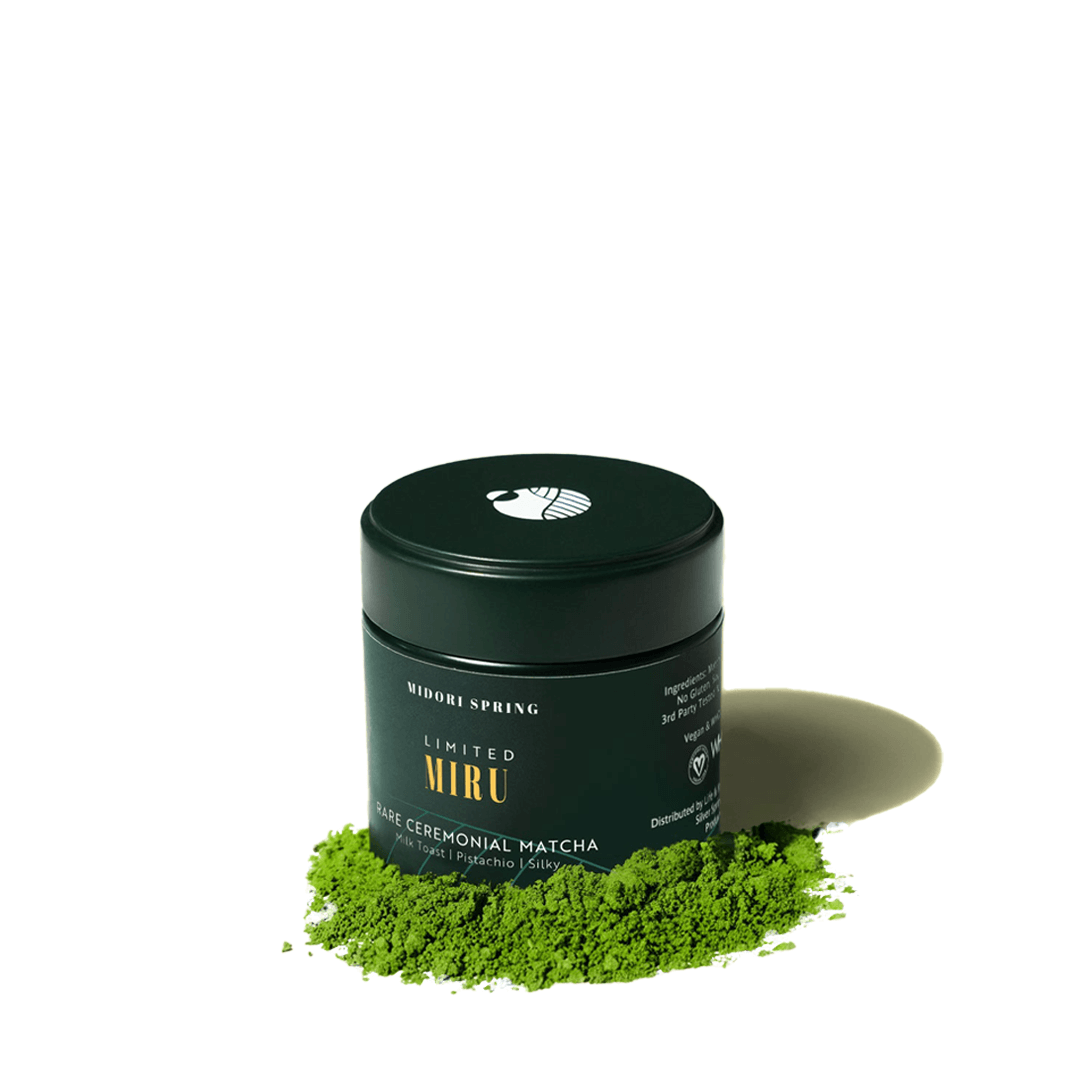 Rare Ceremonial Matcha Miru, crafted from first harvest Yabukita leaves, offering a creamy aftertaste and high-quality taste.