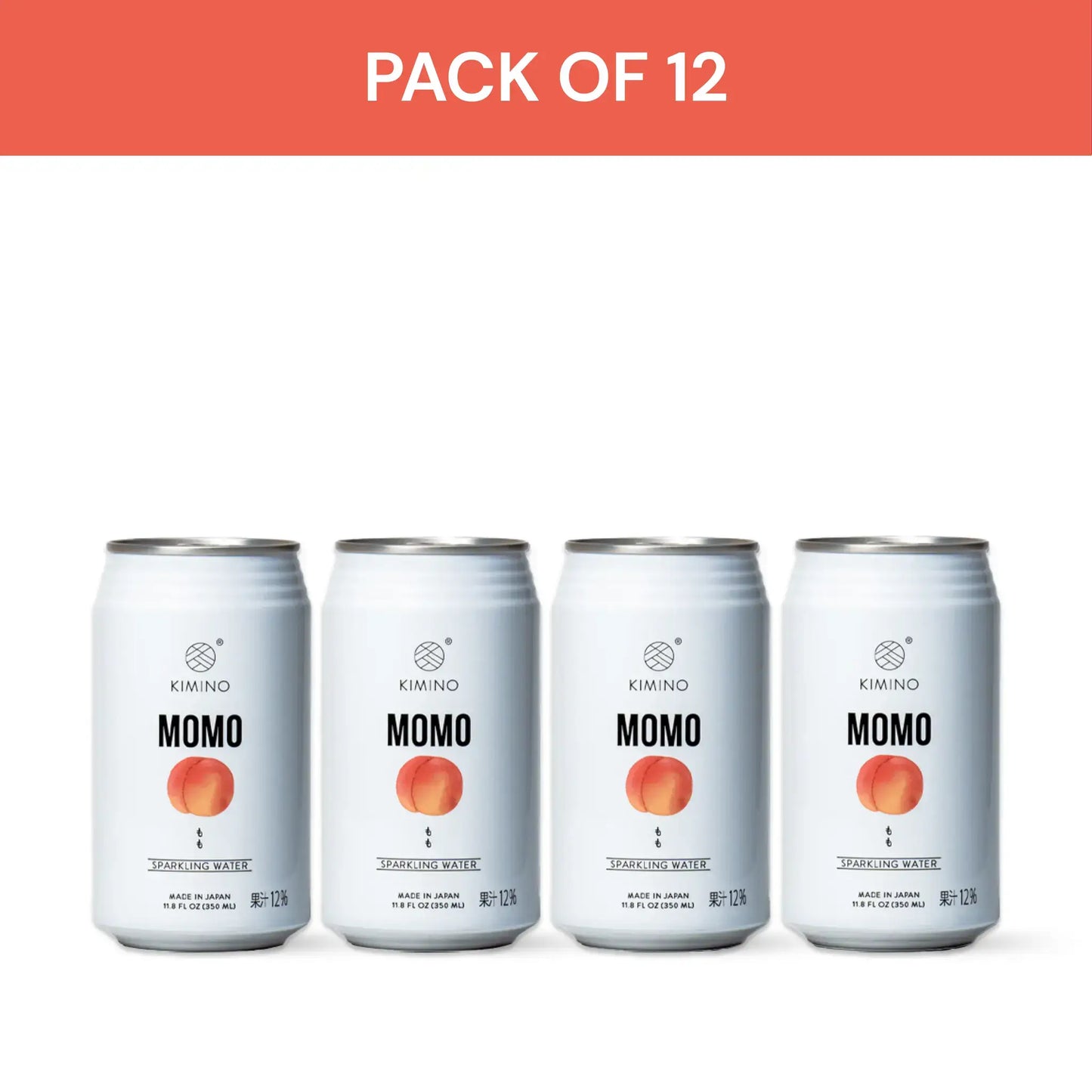 Pack of 12 Kimino Momo Sparkling Water cans made with Japanese white peaches.
