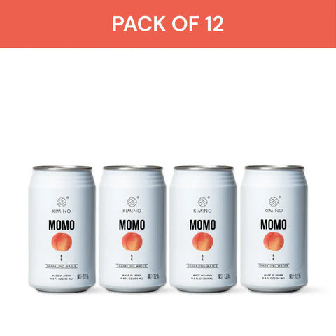 Pack of 12 Kimino Momo Sparkling Water cans made with Japanese white peaches.