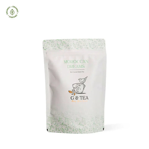 Packaging of Moroccan Dreams mint-infused Ceylon green tea by G & TEA, showcasing its organic certification.