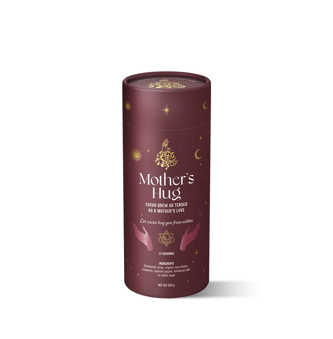 Mother’s Hug cacao brew packaging with a warm maroon design, featuring celestial gold details and spiritual hand illustrations.