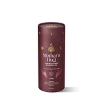 Mother’s Hug cacao brew packaging with a warm maroon design, featuring celestial gold details and spiritual hand illustrations.
