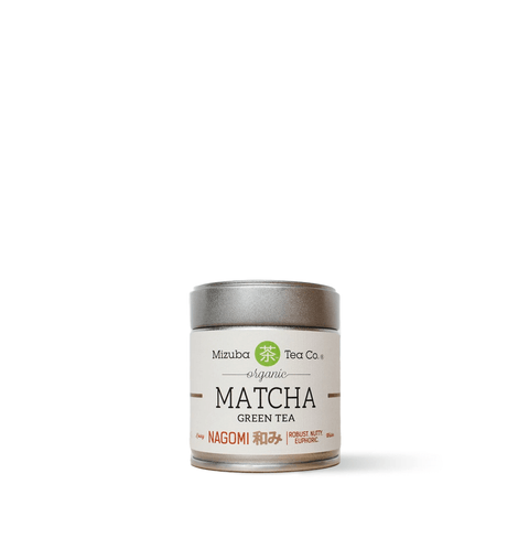 Nagomi Ceremonial Grade Organic Matcha Green Tea in a silver tin, showcasing premium quality matcha.