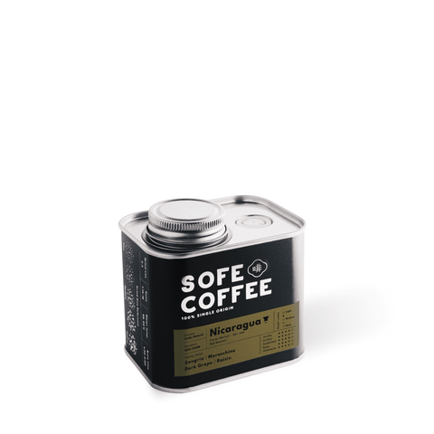 Sofe Premium Coffee Beans Nicaragua in a sleek tin, featuring a smooth medium roast with chocolate and nutty notes.