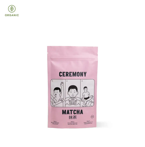 Ceremony Matcha package with illustrations, part of the Matcha & Chill Bundle for a relaxing tea experience.