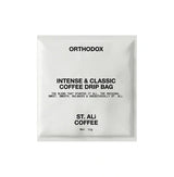 Orthodox | Drip Coffee Bags package design featuring St. Ali Coffee, intense and classic blend.