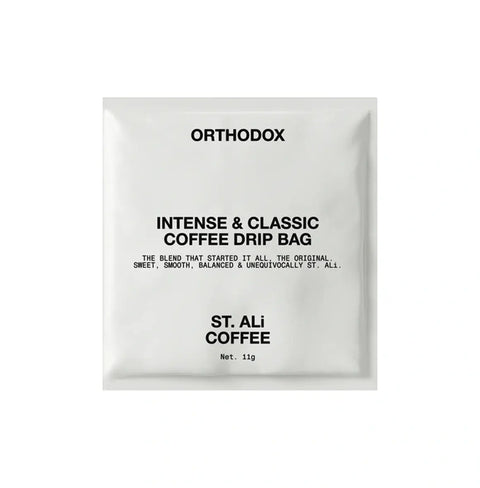 Orthodox | Drip Coffee Bags package design featuring St. Ali Coffee, intense and classic blend.