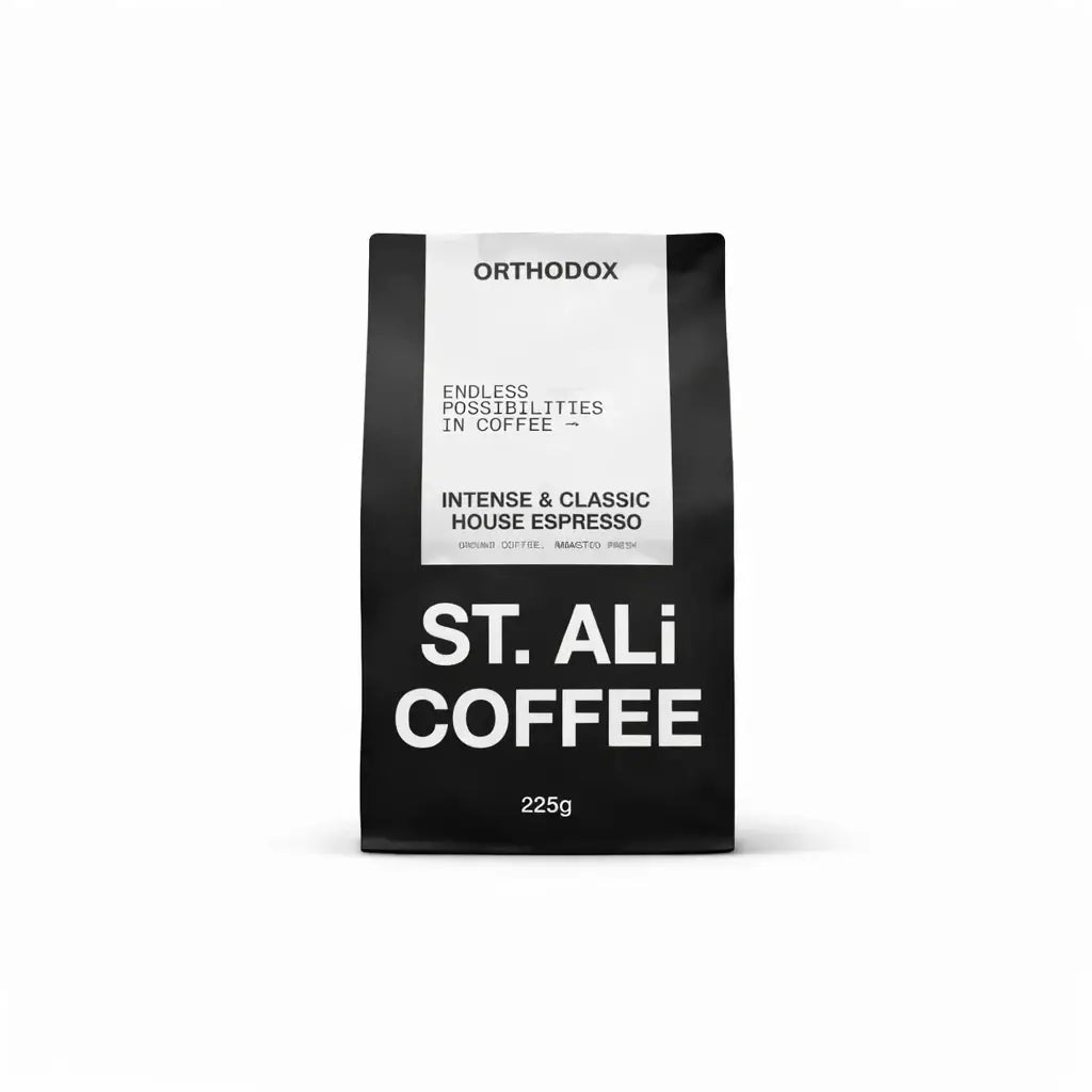 Orthodox | House Espresso Blend coffee bag from ST. ALi, medium roast, offers a balanced flavor profile.