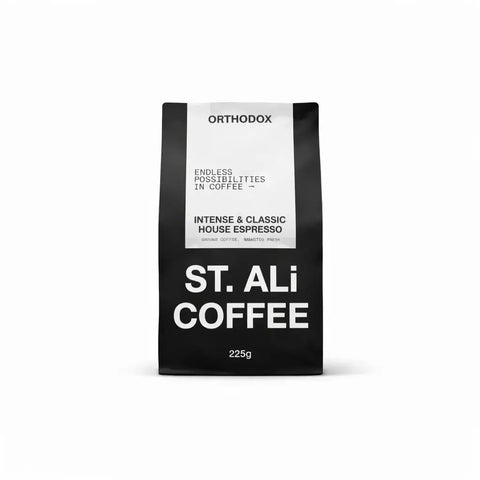 Orthodox | House Espresso Blend coffee bag from ST. ALi, medium roast, offers a balanced flavor profile.