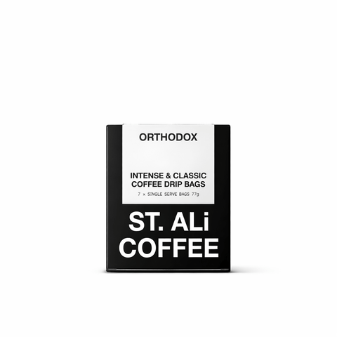 Orthodox | Drip Coffee Bags packaging featuring intense and classic coffee drip bags from St. Ali Coffee.