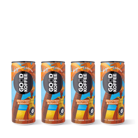 Four cans of Good Koffee's Grapefruit & Orange Sparkling Coffee - Barbados with vibrant tropical design.
