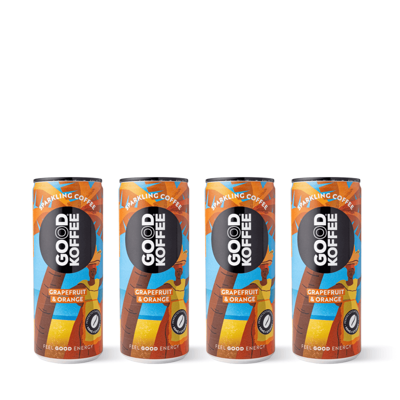Four cans of Good Koffee's Grapefruit & Orange Sparkling Coffee - Barbados with vibrant tropical design.