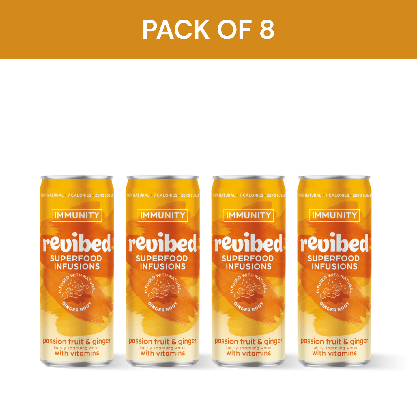Pack of 8 Revibed Superfood Infusions with Passion Fruit & Ginger flavor for immune support.