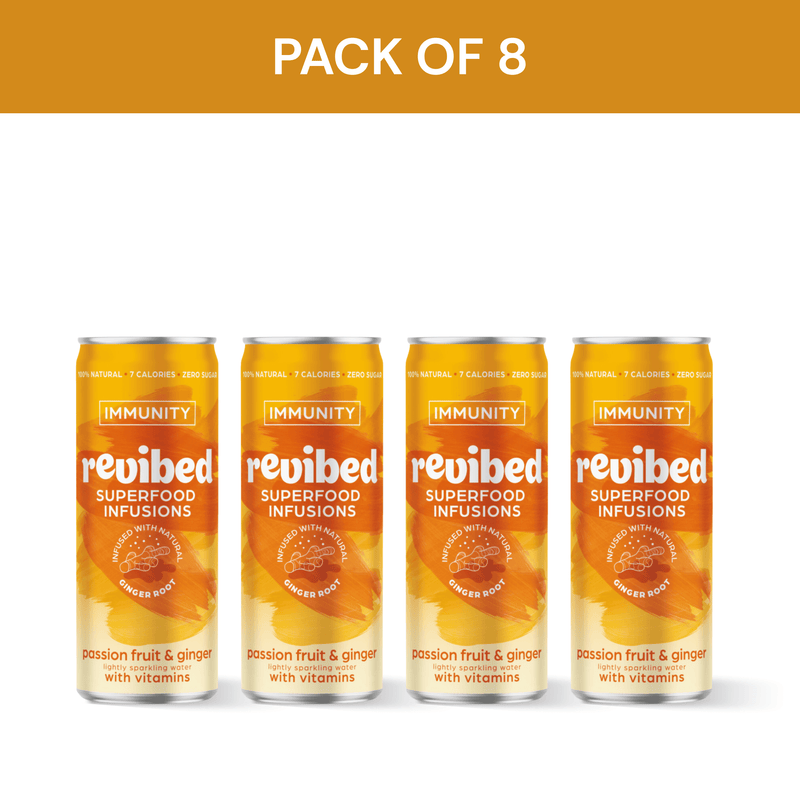 Pack of 8 Revibed Superfood Infusions with Passion Fruit & Ginger flavor for immune support.