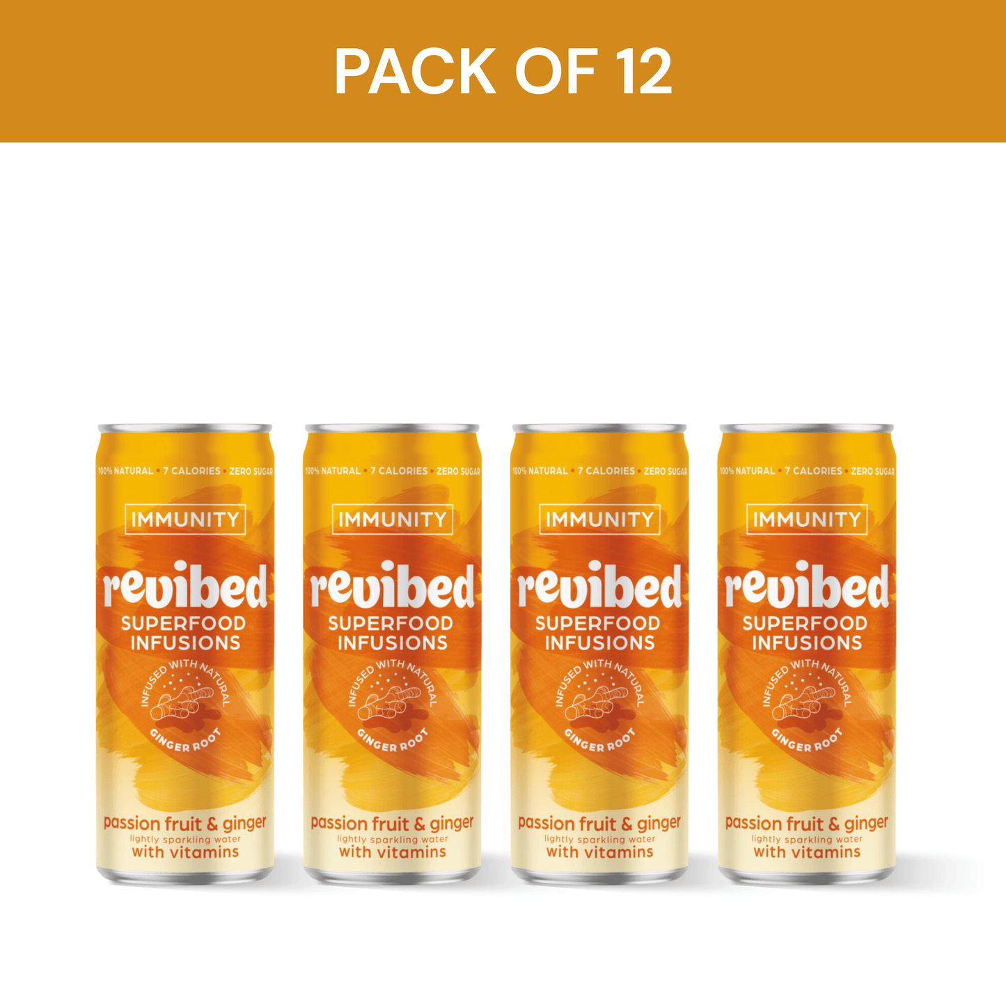 Pack of 12 Revibed Passion Fruit & Ginger Superfood Infusion cans, vibrant tropical flavor with immunity vitamins.
