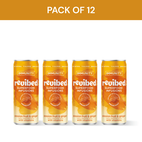 Pack of 12 Revibed Passion Fruit & Ginger Superfood Infusion cans, vibrant tropical flavor with immunity vitamins.