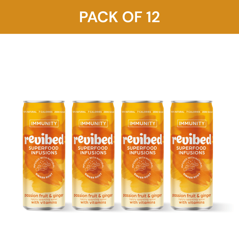 Pack of 12 Revibed Passion Fruit & Ginger Superfood Infusion cans, vibrant tropical flavor with immunity vitamins.