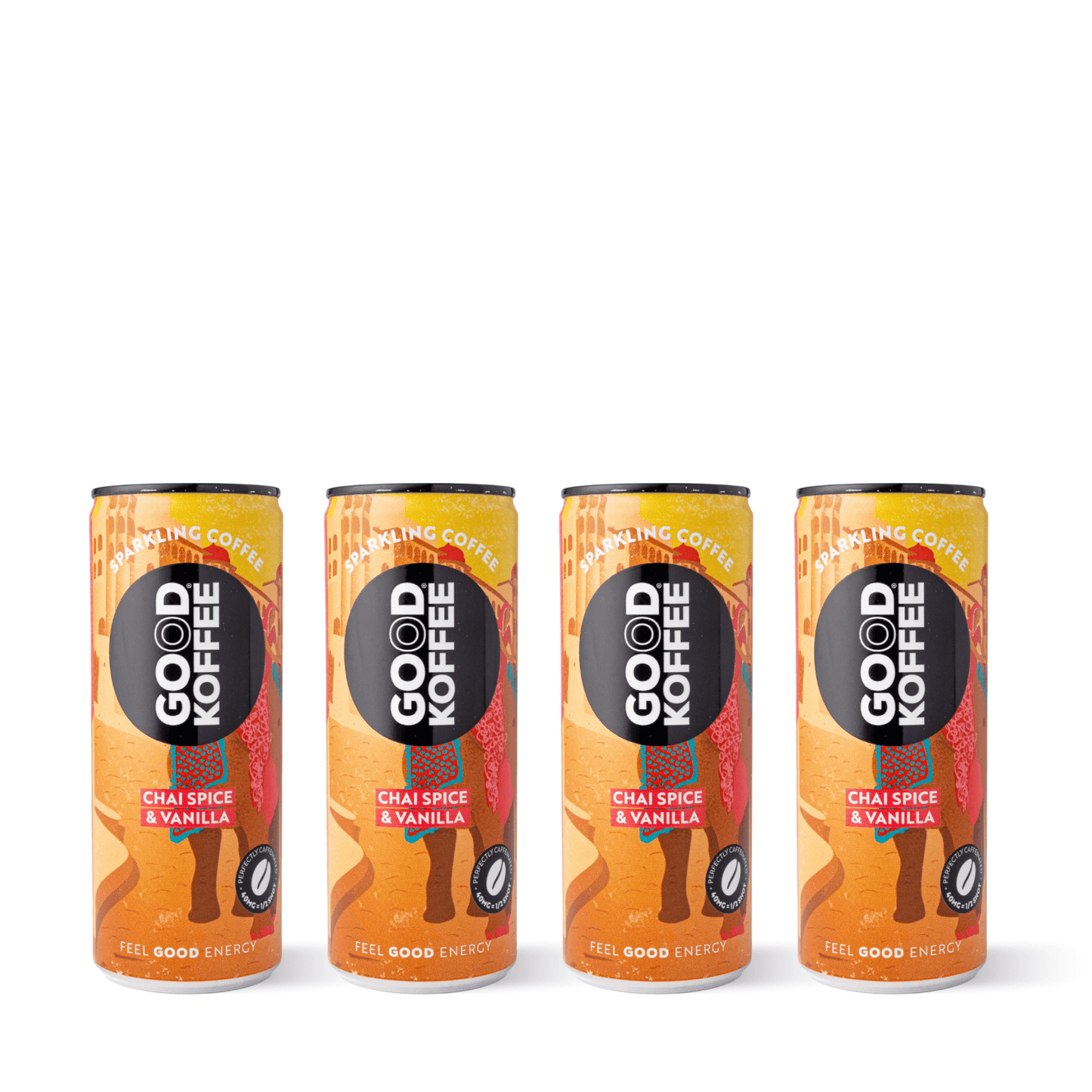 Four cans of Good Koffee Chai Spice & Vanilla Sparkling Coffee - India showcasing vibrant packaging design.