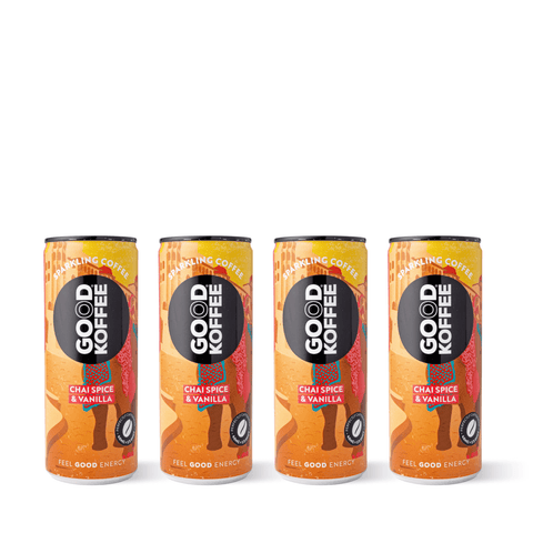 Four cans of Good Koffee Chai Spice & Vanilla Sparkling Coffee - India showcasing vibrant packaging design.