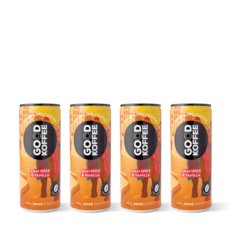 Four cans of Good Koffee Chai Spice & Vanilla Sparkling Coffee - India showcasing vibrant packaging design.