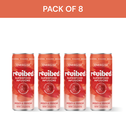 Pack of 8 Revibed Hibiscus & Peach Superfood Infusion cans with a blend of fruity and floral flavors.