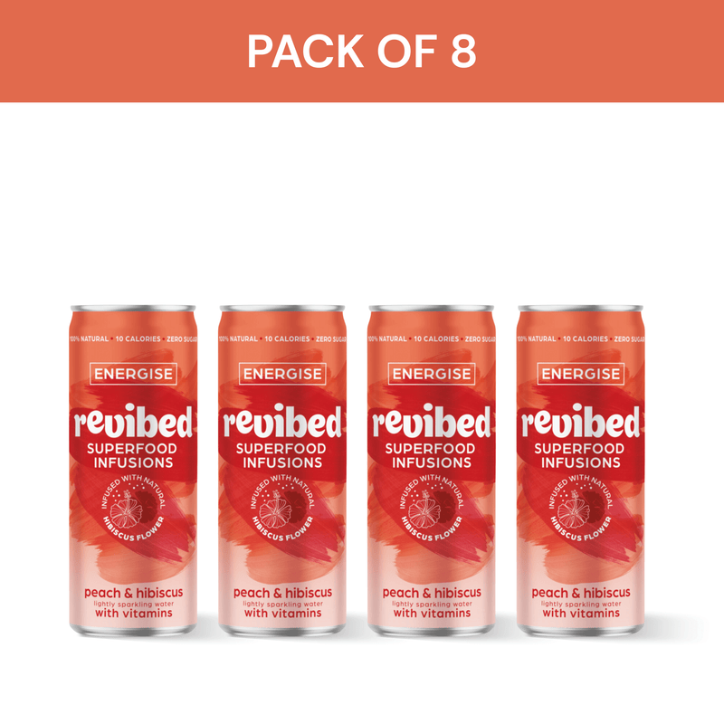 Pack of 8 Revibed Hibiscus & Peach Superfood Infusion cans with a blend of fruity and floral flavors.
