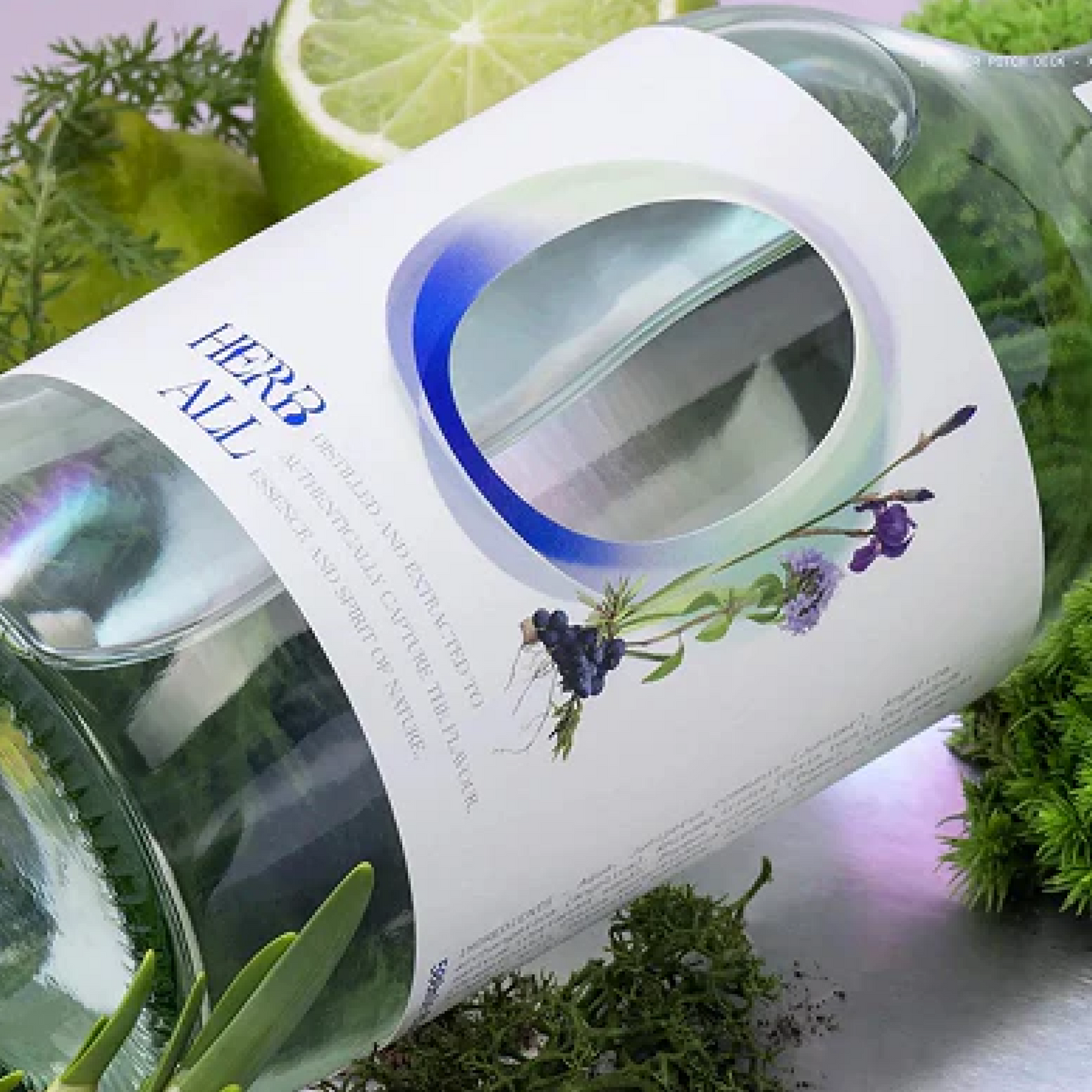 Bottle of Herb All botanical drink surrounded by green herbs and lime, emphasizing its natural and sophisticated taste.