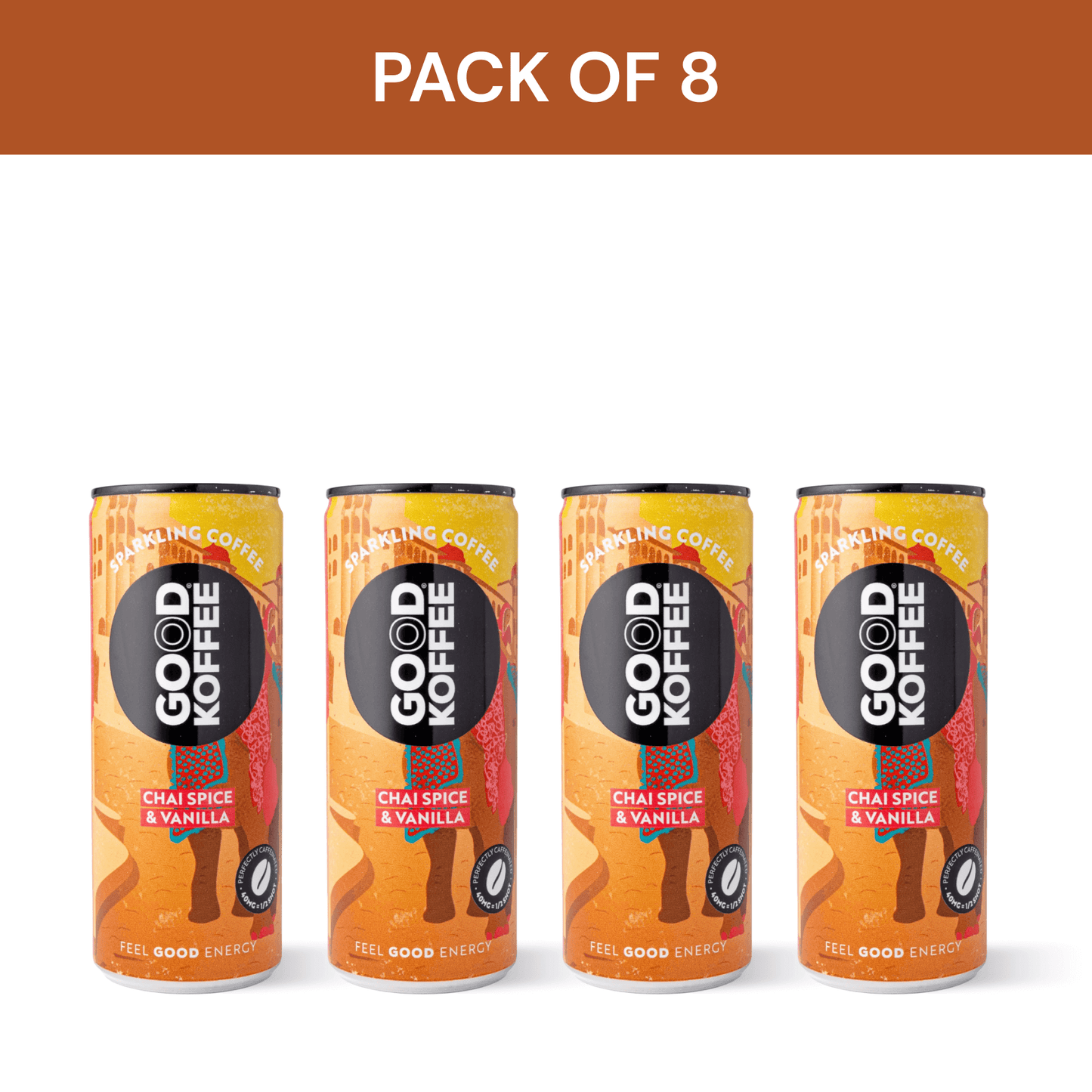 Pack of 8 Chai Spice & Vanilla Sparkling Coffee - India cans by Good Koffee, offering a blend of chai spices, vanilla, and rich coffee.