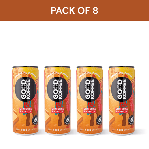 Pack of 8 Chai Spice & Vanilla Sparkling Coffee - India cans by Good Koffee, offering a blend of chai spices, vanilla, and rich coffee.