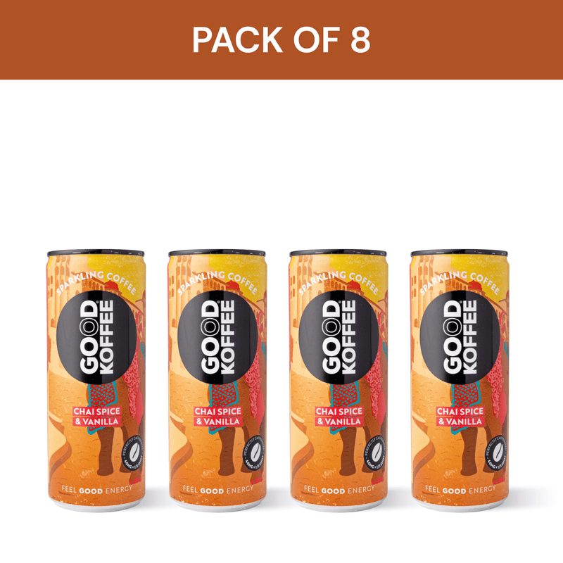 Pack of 8 Chai Spice & Vanilla Sparkling Coffee - India cans by Good Koffee, offering a blend of chai spices, vanilla, and rich coffee.